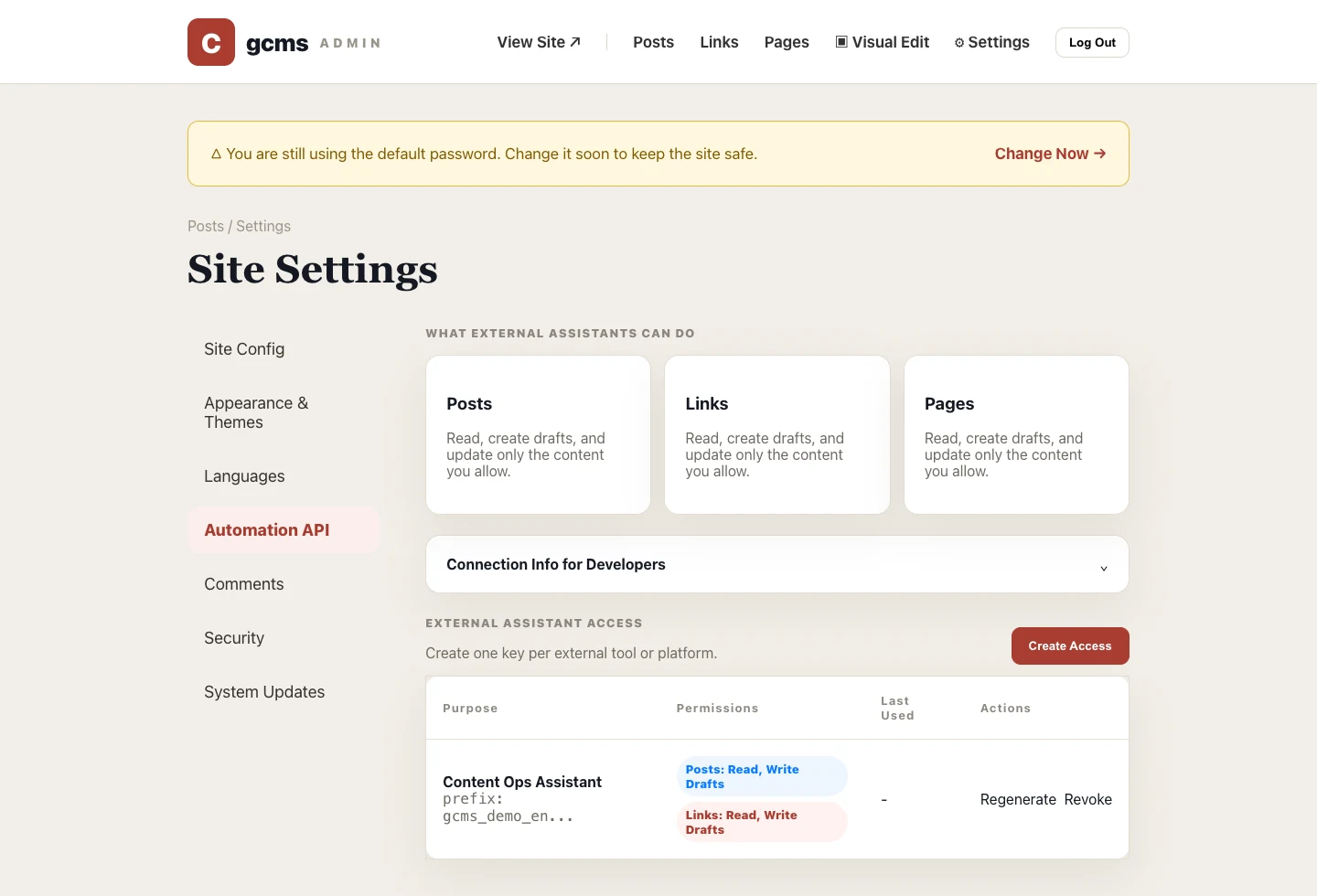 Real gcms admin screenshot: automation API capabilities, access key list and integration options